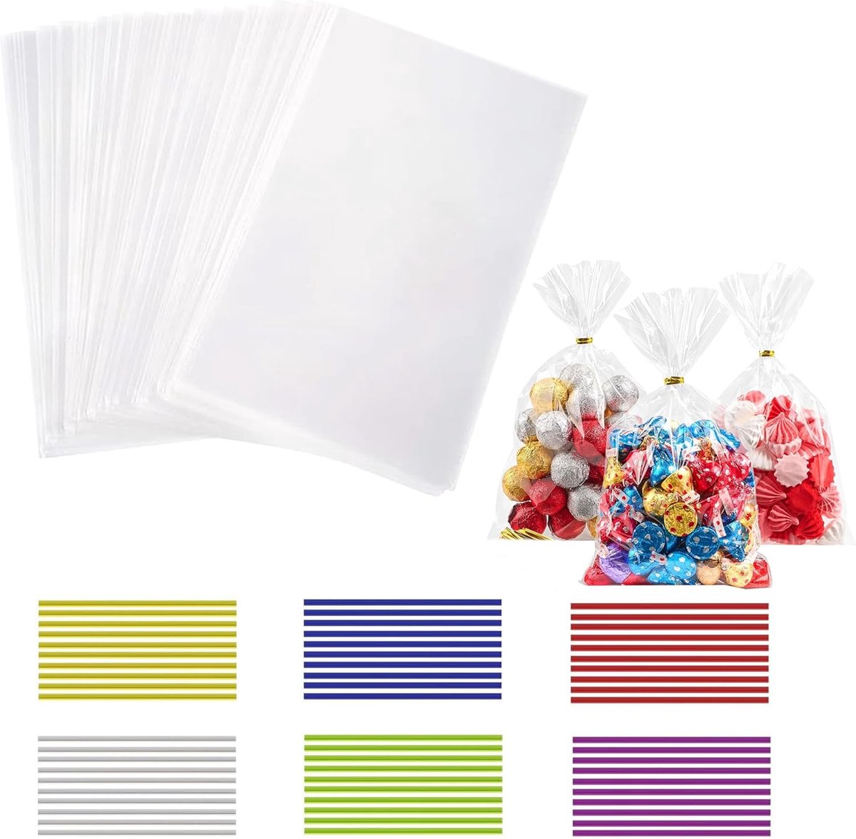 100 stuks doorzichtige cellofaanzakjes groot 28 x 18 cm snoep- en cadeauzakjes met 100 kleurrijke sluitstrips geschikt voor snoep chocolade brood