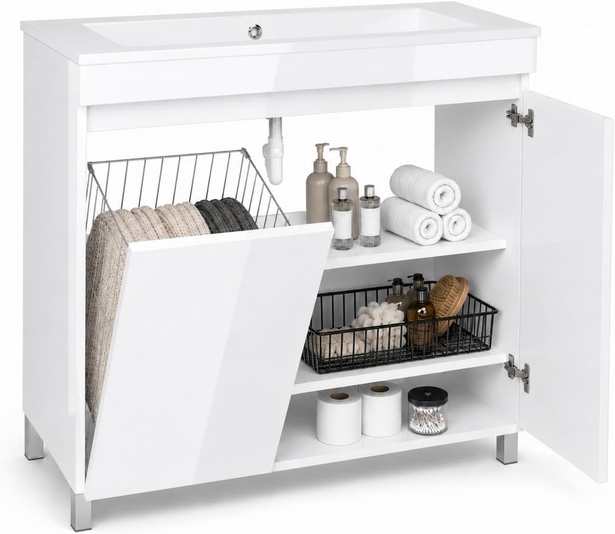 Wastafel met onderkast, Ribera, 80 cm, hangend of staand, wastafel met onderkast, voor badkamer, wasmand, wasmand, hoogglans, 2 soft-close-deuren (wit, 80)