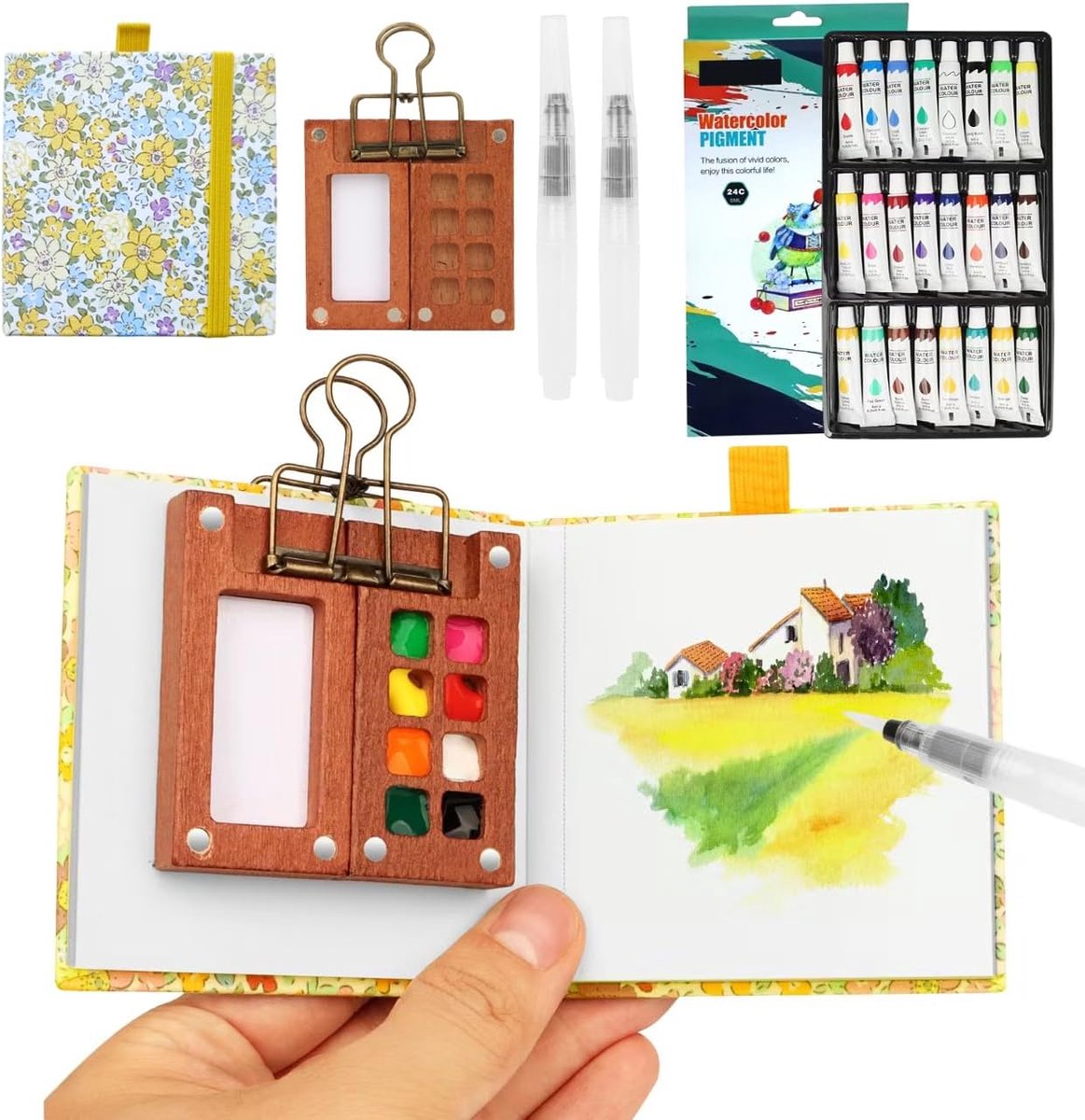 Aquarelset, mini aquarel reisset met bindclips, mini-aquareldoos, houten zakkunstenaar aquarelreisset, schetsboek, palet, set met 8 vakken voor schilders, kunstenaars, studenten (geel-24)
