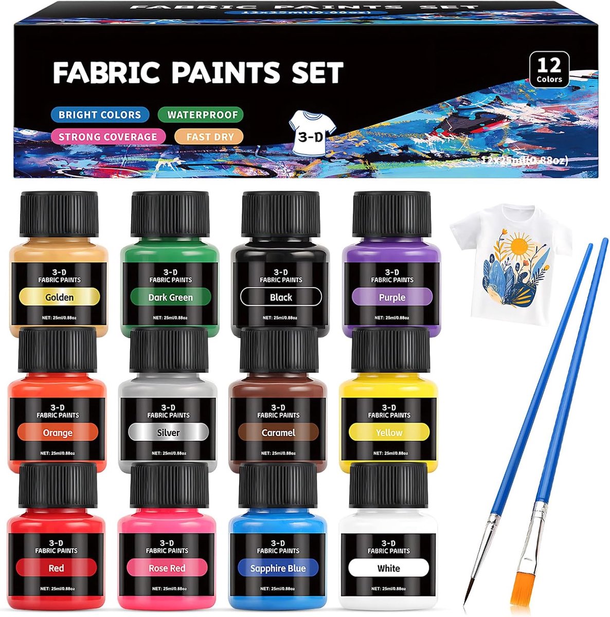 12 x 25 ml stofverf, verf voor permanente stoffen, wasbare stofkleur, kan worden gebruikt voor het schilderen van kleding, schoenen en linnen tassen, 2 borstels