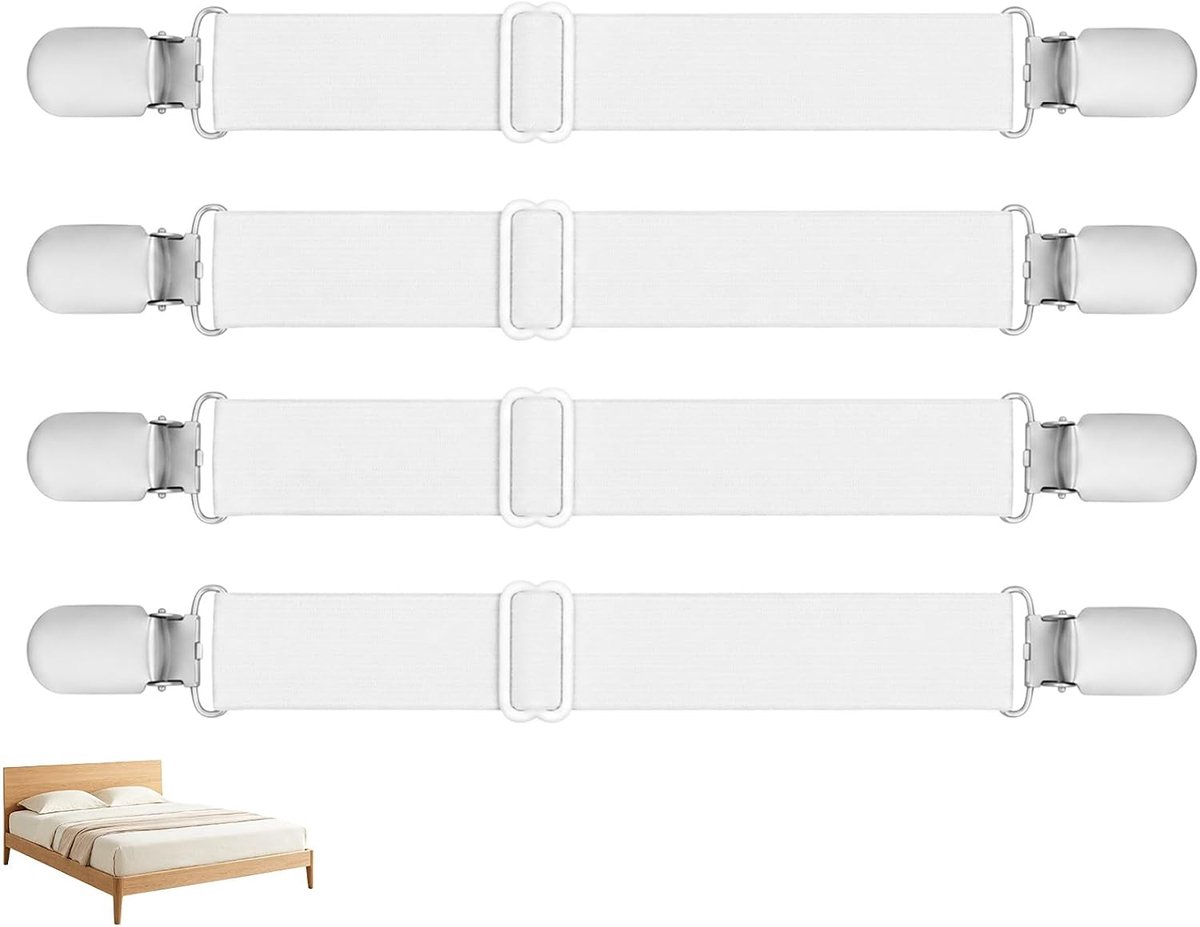 Lakenspanners (30-130 cm) met metalen clips en witte elastische banden, verstelbare anti-kreukbevestigingen voor lakens, matrashoes, bank, dekens en planken