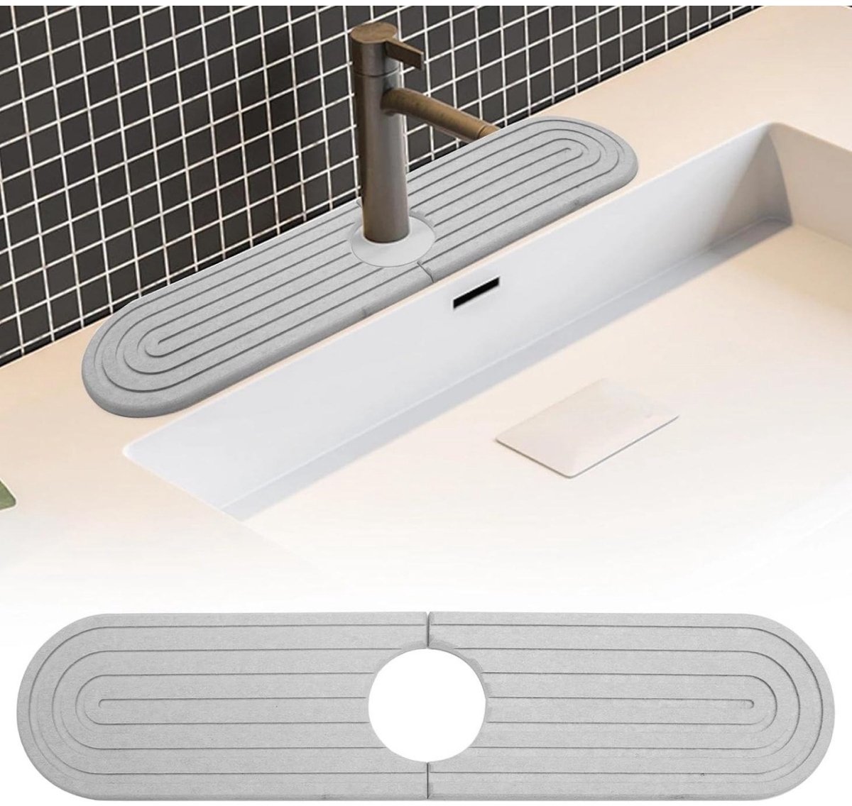 SSTRWGOOD Spatwaterbestendige en drainerende kraanmat – Steenlook – Absorberende mat geschikt voor keuken- en badkamerkranen – Inclusief schuurpapier – Lichtgrijs – 40 x 10 cm