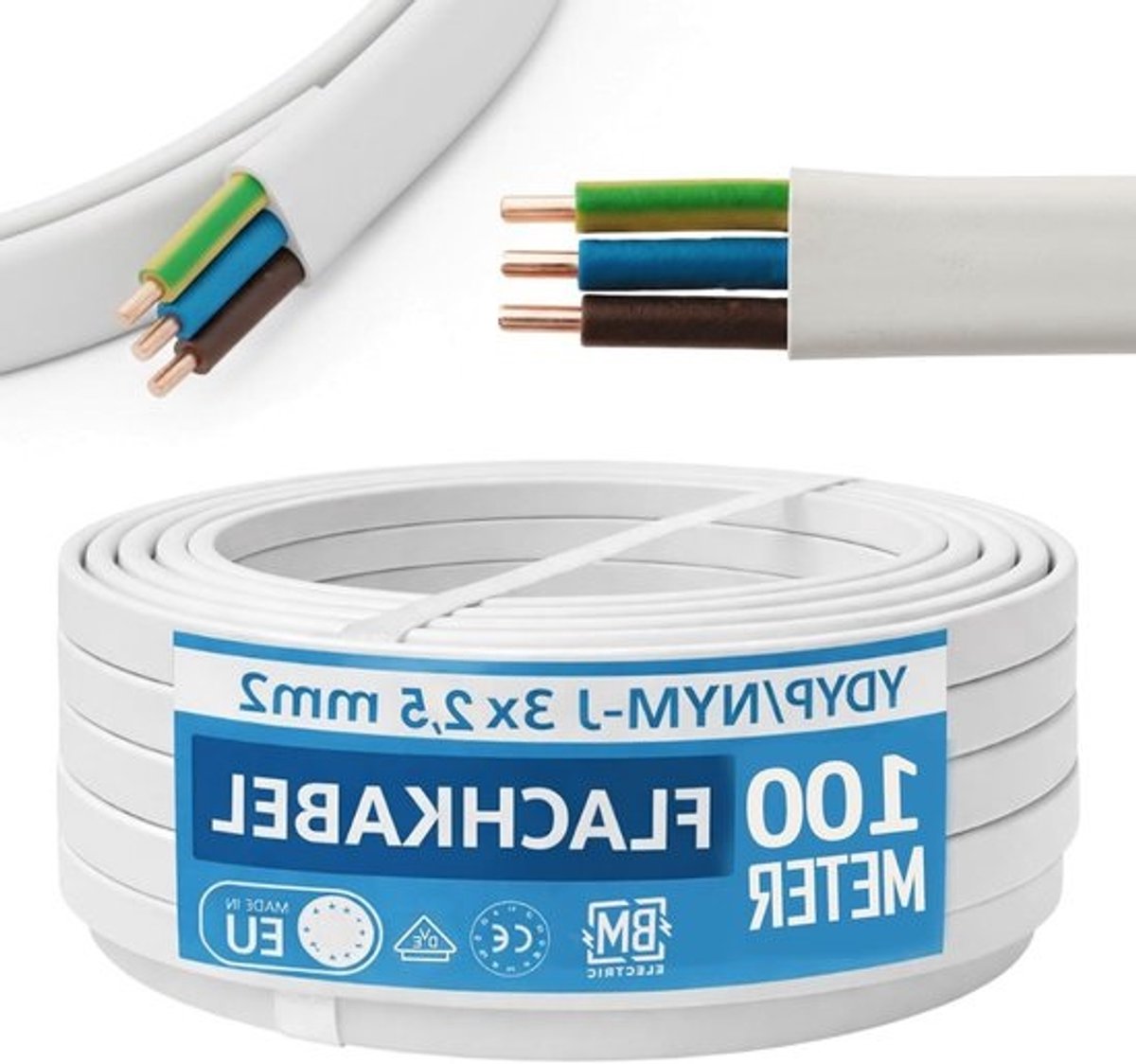 Installatiekabel Plat - Elektrische Draad Stroomkabel - Vaste Installatie - 3-aderig 25 mm² - 100 meter - Grijs