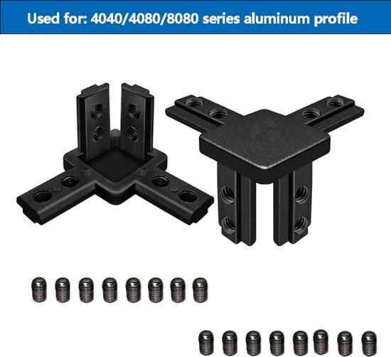 3-weg hoekverbinder voor 40x40 aluminium extrusieprofiel, zilver, Europese standaard, set van 4 met schroeven (zwart, 4 stuks) — afbeelding 2