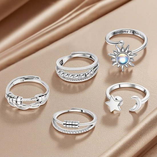 Fidget Ring Set 5 Stuks, Verstelbare Anxiety Ring voor Dames en Heren Zilveren Anti Stress Draairingen met Ster Maan Zon Kralen Spinning Ringen Cadeau — afbeelding 5