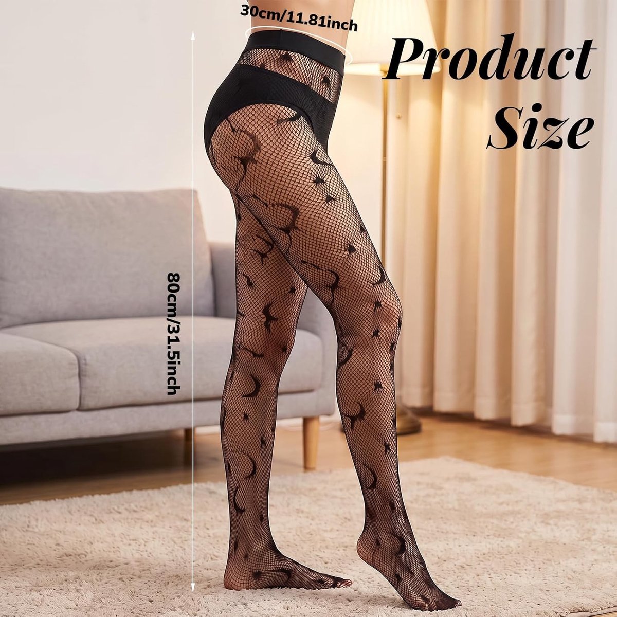 2 paar zwarte visnet panty met ster en maan ontwerp voor vrouwen, trendy en comfortabel