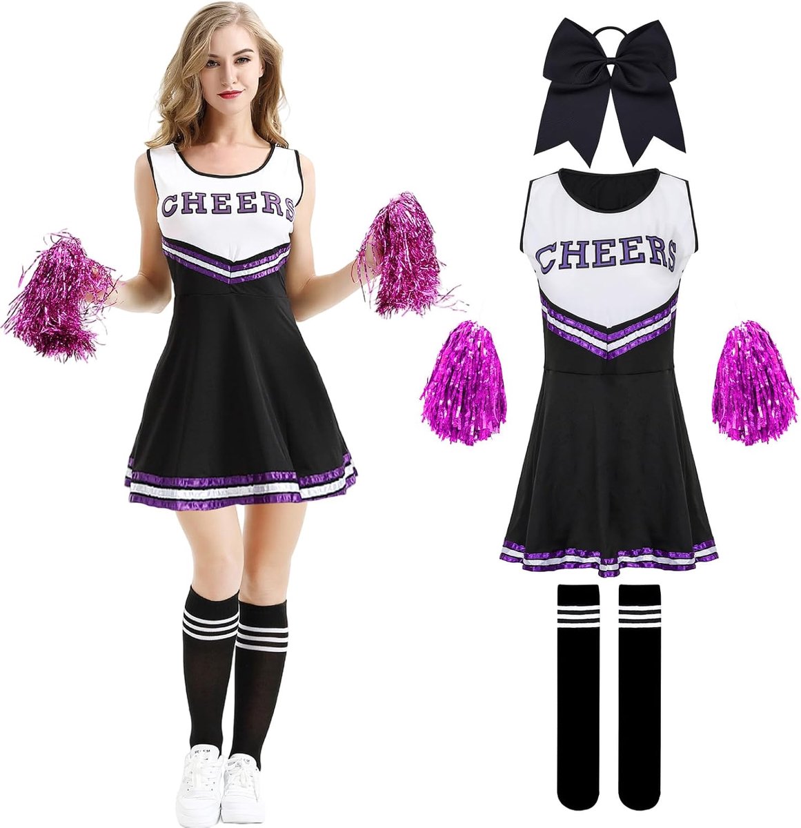 Cheerleader-kostuum voor dames, cheerleading outfit met cheerleader pompons haarelastiekjessokken, carnavalskostuum dames voor carnaval, party, cosplay