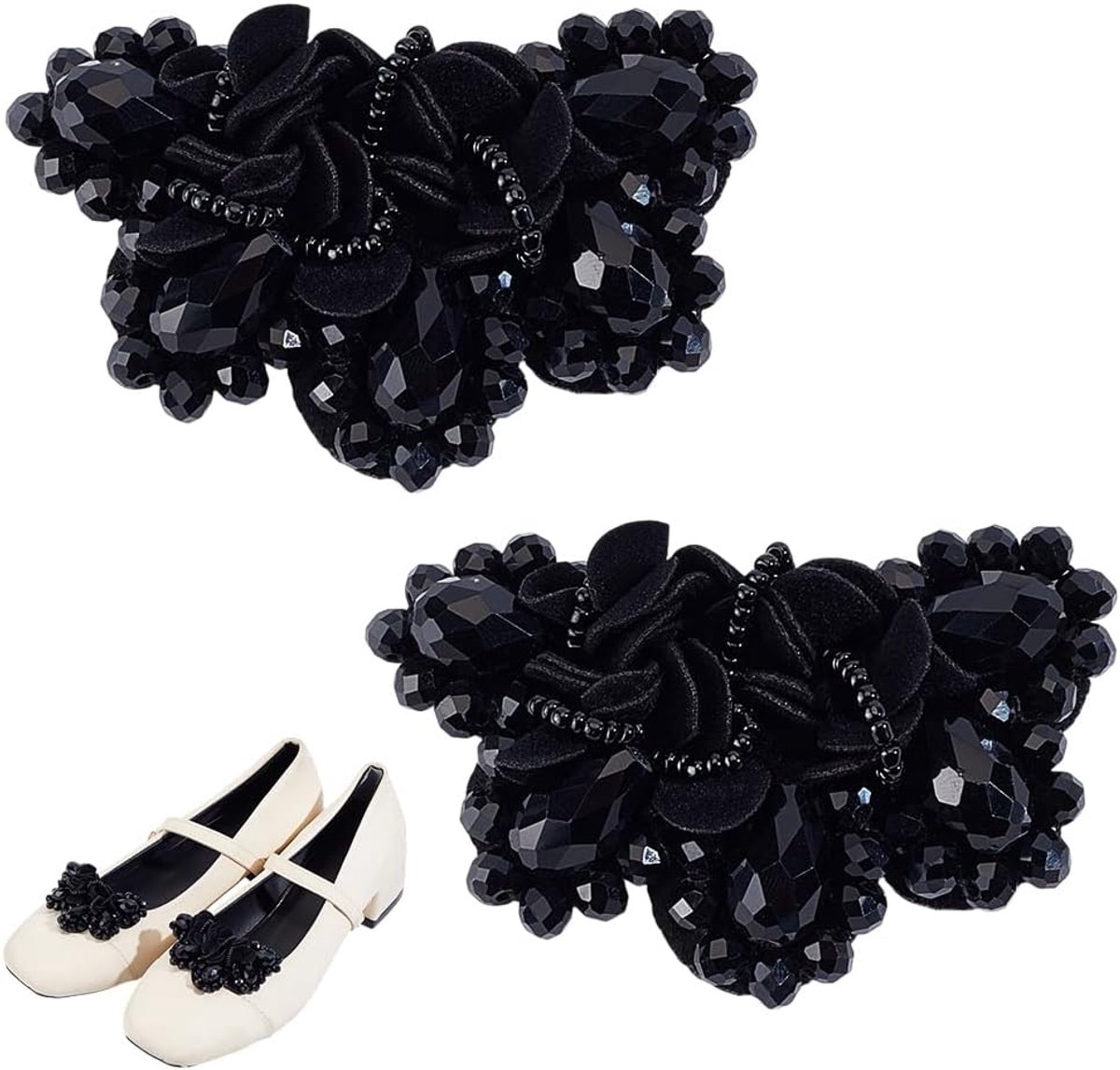2 stuks 4,85 cm schoenclips voor vrouwen, zwarte bloem schoenbedels zachte doek schoenen accessoires met kristallen strikken bloemen schoenen clips voor vrouw hakken sandalen dagelijks