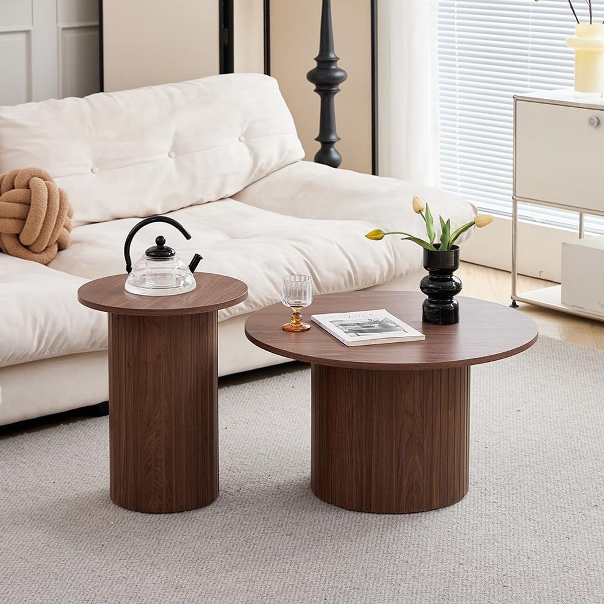 Set van 2 Ronde Salontafels Japandi – Stapelbare Bijzettafels met Natuurlijke Houtnerf – Trommelstijl Nesting Tables – Moderne Mid-Century Tafels voor Woonkamer, Slaapkamer, Balkon & Kantoor