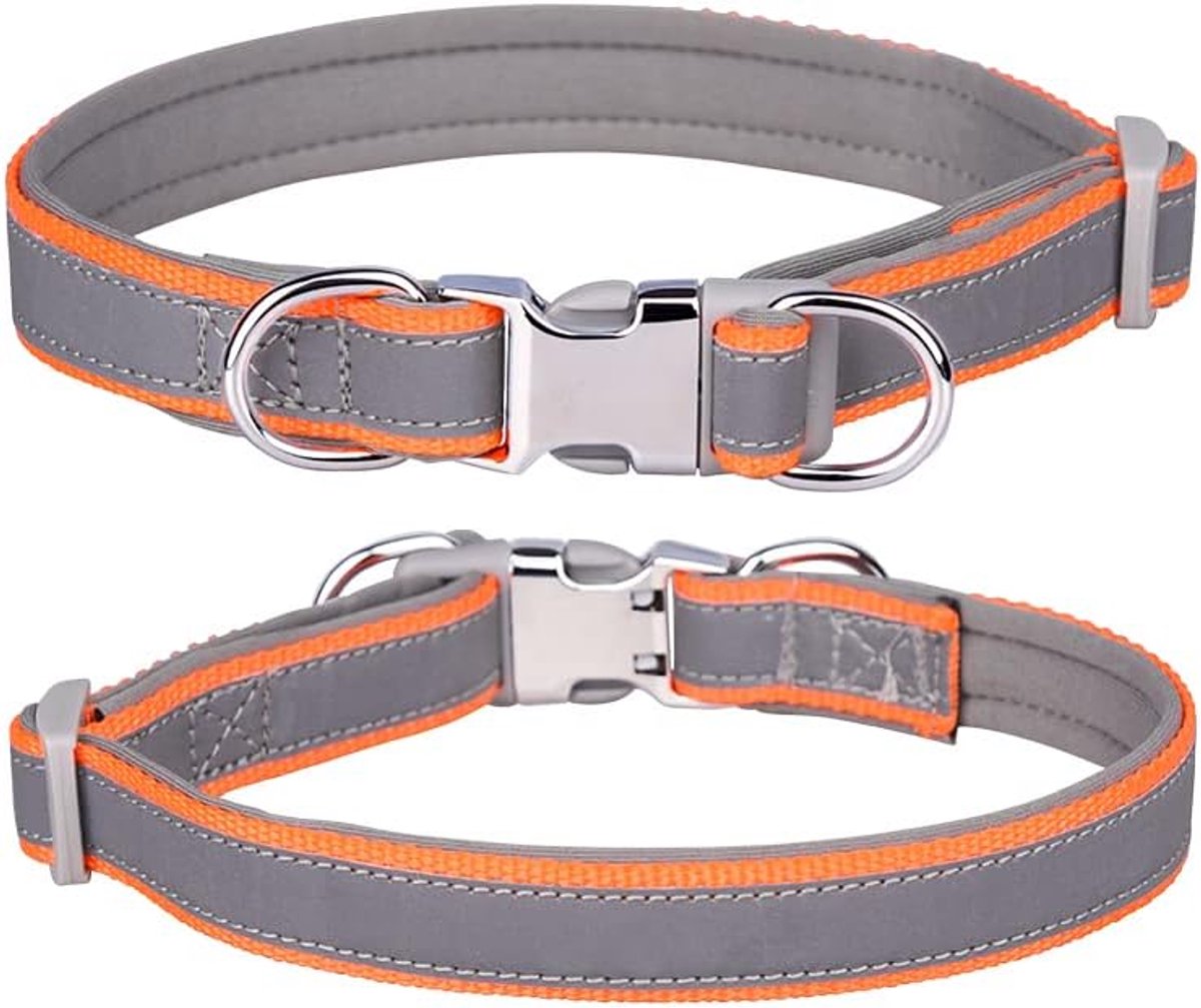 nylon halsband met veiligheidsgesp, verstelbare huisdierhalsbanden met zachte neopreen vulling voor kleine/medium/grote honden (L fit hals 38-60cm, oranje)