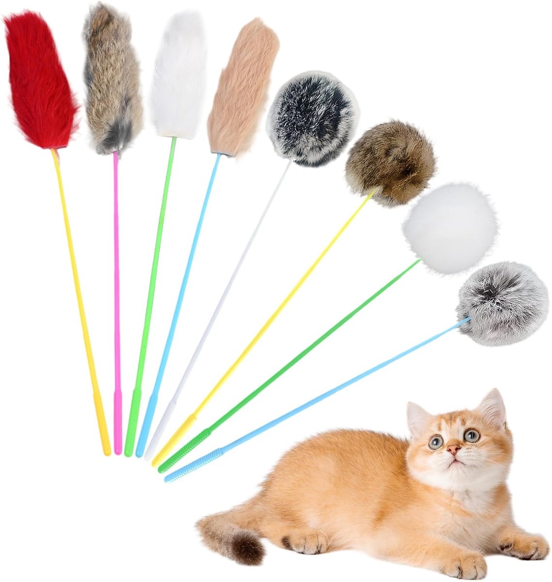 8 stuks plumeau voor katten, realistisch, konijnenbont in de vorm van een sferische band, speelgoed met konijnenhaar, educatief toverstaf voor katten, voor interactieve jachtspellen, 35 cm lang