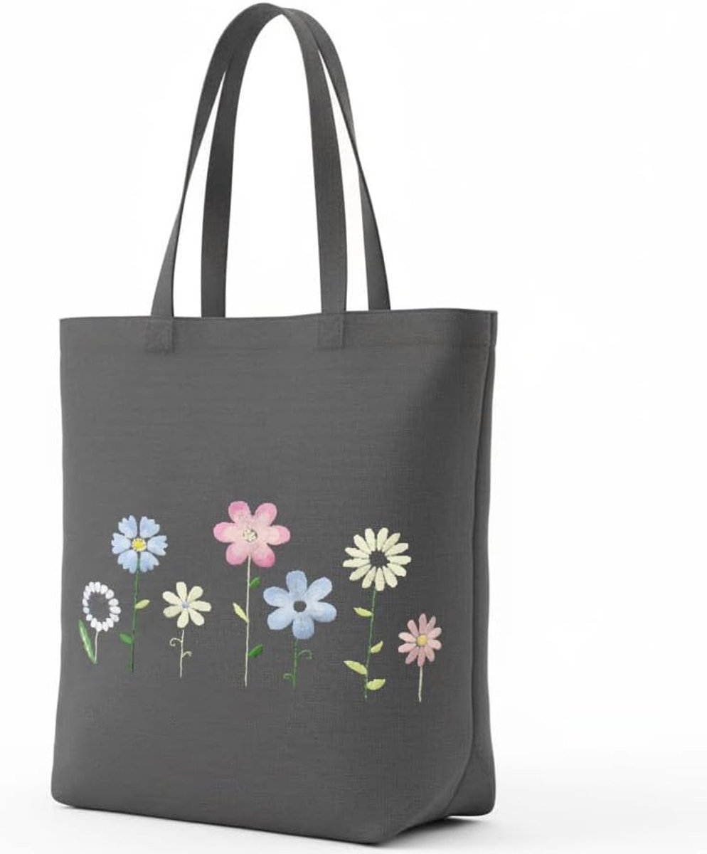 Lifestyle DIY Borduurpakket Bloemen Grijs Boodschappentas 44 x 37 cm Voorbedrukte Stof met Borduurgaren