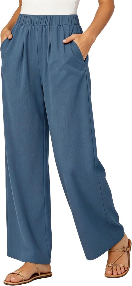 Broek voor dames, zomer, brede broek, elegant, elastisch, lang, comfortabel, palazzo-broek, strandbroek, casual, met zakken