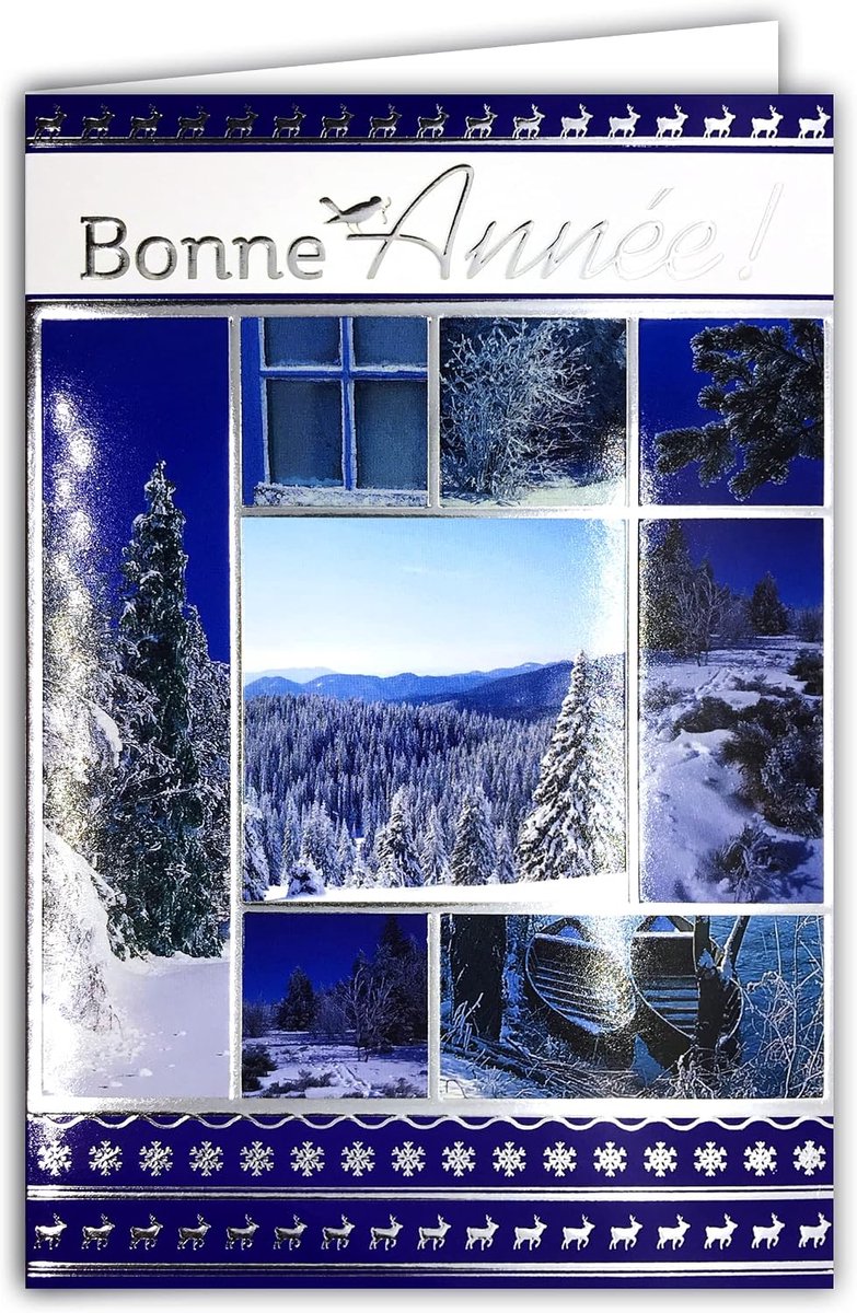 Wenskaart "Happy Year", zilver, met envelop, natuur, in de winter, sneeuwvlokken, bos, dennenbomen, Kerstmis, landschap, berg, vogel, hert, rendier, bark, blauw water, gelei, wensen 61-4053-B BA