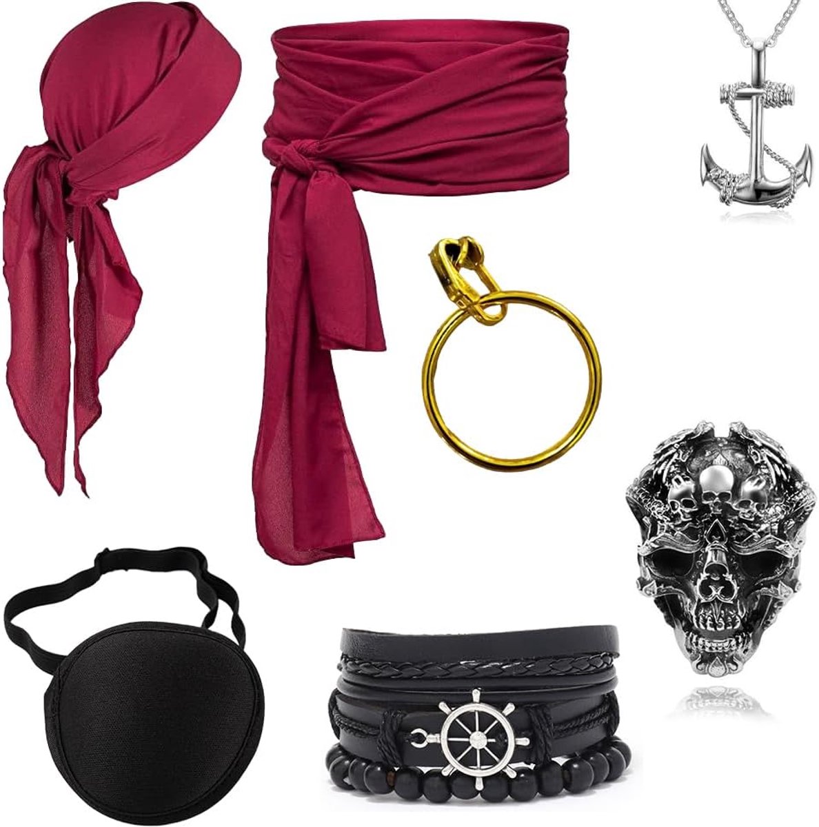 Piratenkostuum-accessoires, 7-delige accessoires voor piratenkostuum met oorbellen, oogmasker, halsketting, hoofddoek, riem, ringen, armbanden, piratenkostuum-accessoires