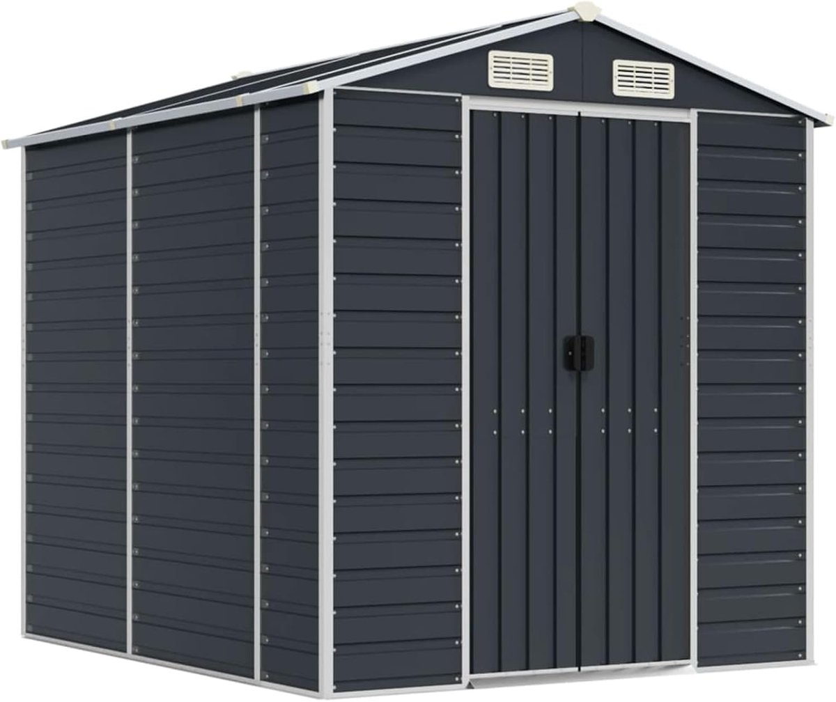 Antraciet, 191 x 215 x 198 cm, van verzinkt staal met schuin dak, ventilatieopeningen en hoekbescherming, voor tuingereedschap, brandhout en gereedschap buiten