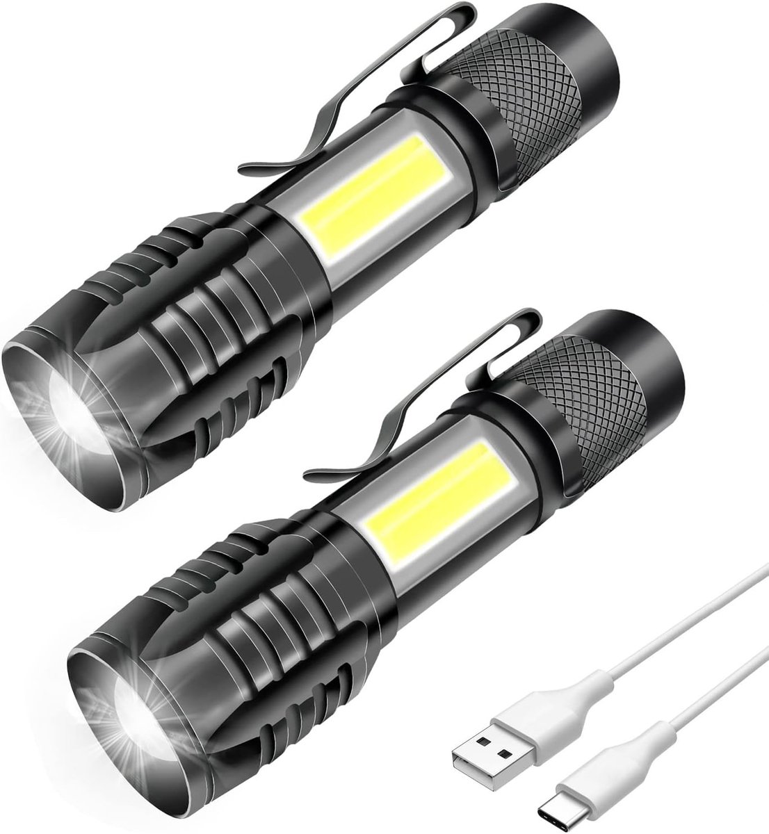 2 stuks oplaadbare led-zaklampen, krachtig, professioneel, 3 zoombare modi, COB kleine led-tas met magneet, IP5 waterdicht, voor militair kamperen, wandelen, noodgevallen, 1000 mAh,