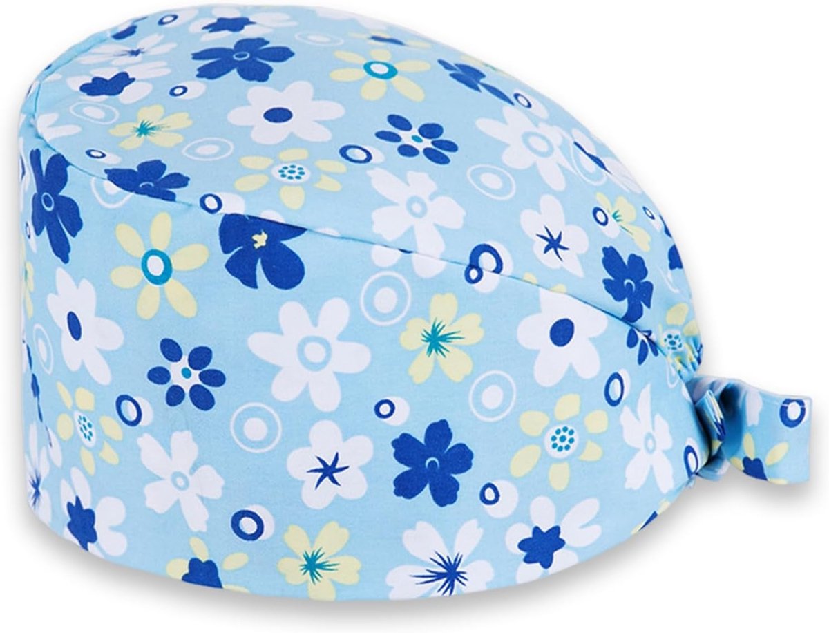 Chirurgische kap voor dames, werkmuts, verpleegstermuts, chirurgische muts, katoenen print met stofdichte capuchon (blauw)