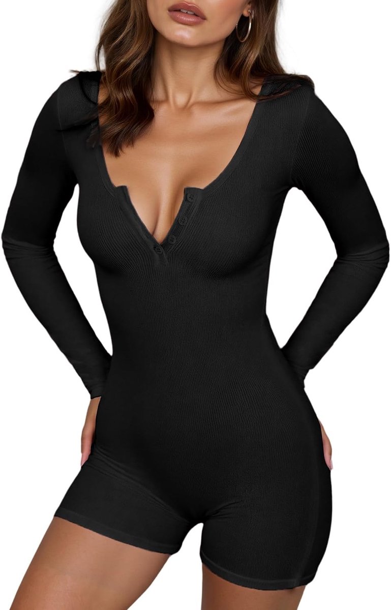 Pyjama, shorts, V-hals, dames, jumpsuit, lange mouwen, Y2K, bodysuit, sport, pyjama, romper voor dames, L