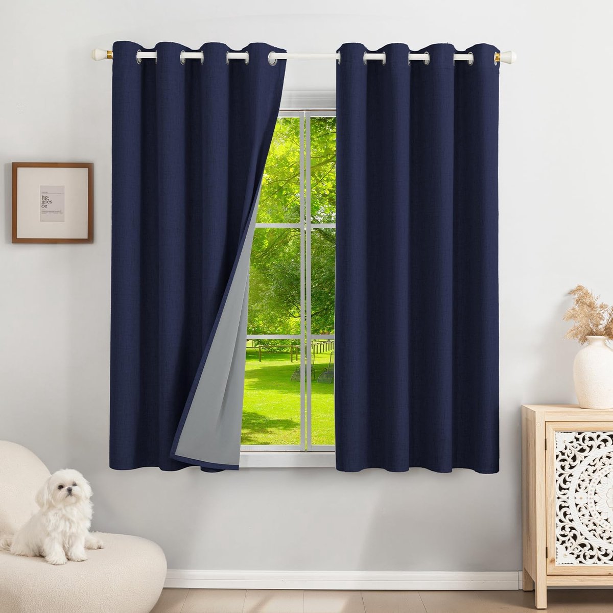 100% verduisteringsgordijnen linnen gordijnen met ogen 2-delige set, thermogordijn hittebescherming H 145 x B 140, linnenlook gordijnen lichtdicht jeansblauw geluidsbescherming voor slaapkamer