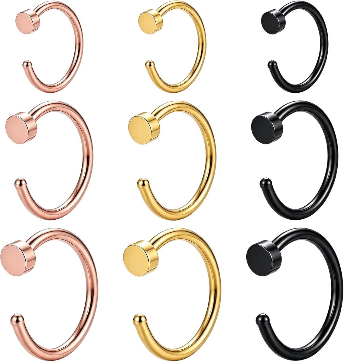 9 stuks nep-neuspiercingset, neusring, goud, zwart, roségoud, septum, nep-neusring zonder gat van chirurgisch staal, 18G 20G hoepel piercing neus nep set 6 mm 8 mm 10 mm voor dames en heren