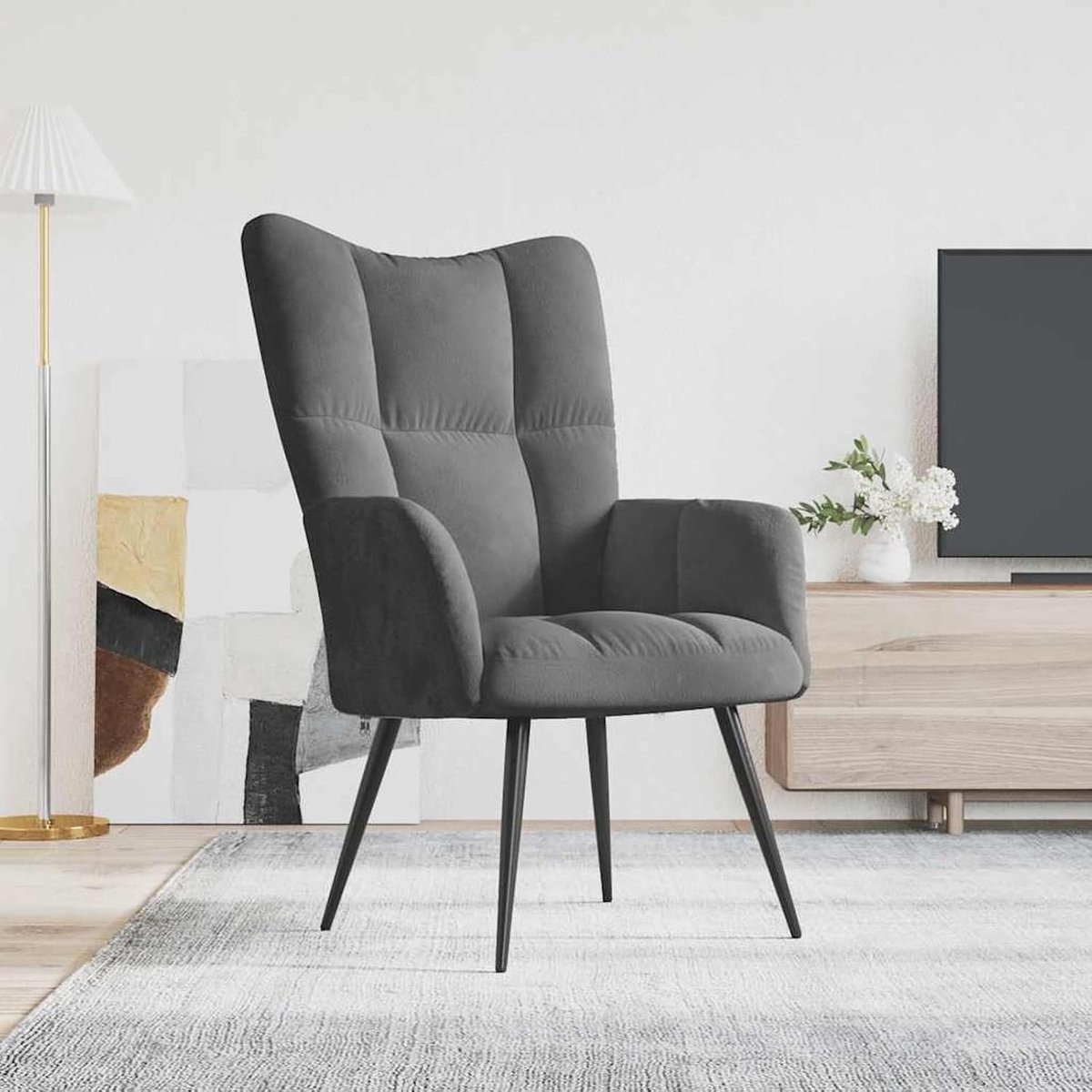 Donkergrijs, pluizig polyesterfluweel, comfortabele zitdiepte 46 cm, 1 stuk, modern design voor woonkamer