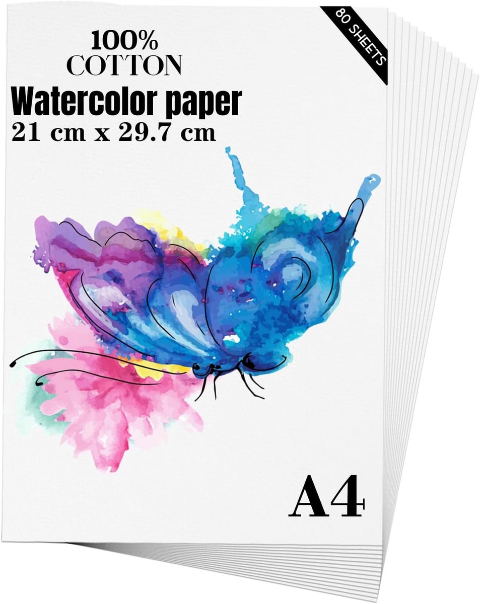 Aquarelpapier A4 (21 × 29,7 cm), 80 vellen, zwaargewicht 300 g/m², koudpers, natuurlijk katoenpapier voor studenten, kunstenaars, aquareltekening (A4)