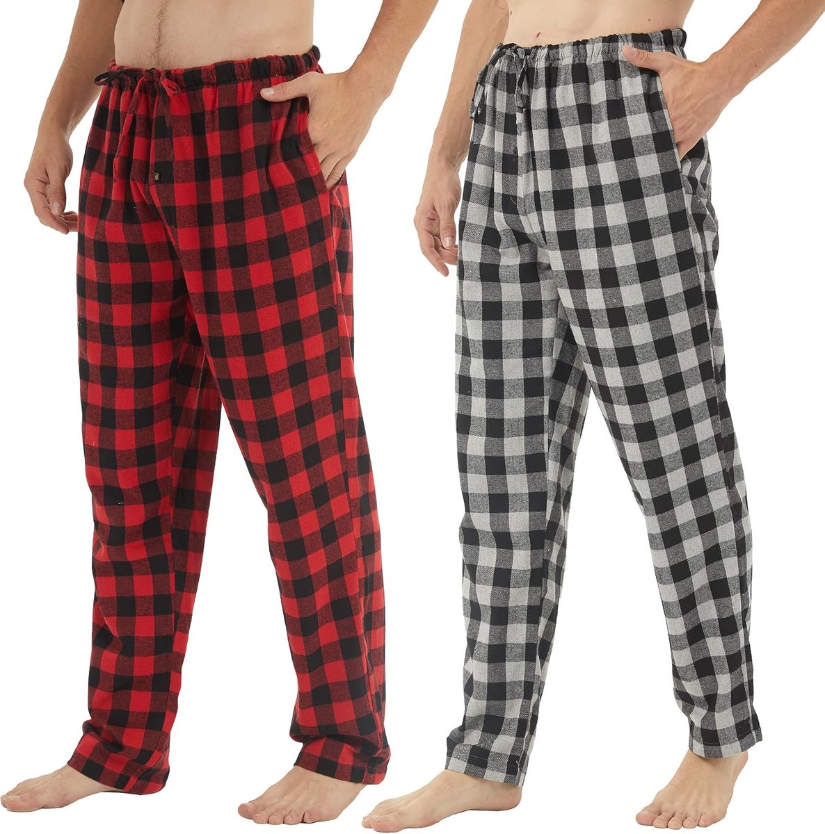 2 Pack Heren Pyjama Broek Flanel Katoen Zachte Pyjama Voor Mannen Plaid Pj Bottoms Lounge Nachtkleding met Knop Gulp