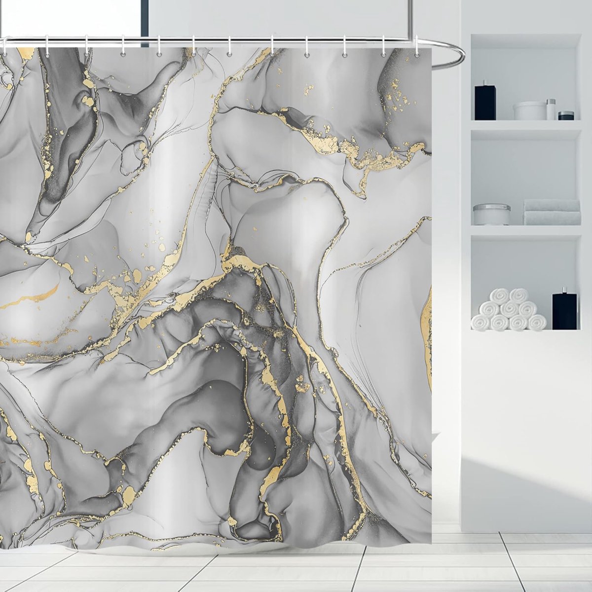 Douchegordijn, modern, abstract, marmer-look, waterdicht, polyester, textiel, wasbaar, met 12 haken, marmerlook, 180 x 180 cm, grijs marmer