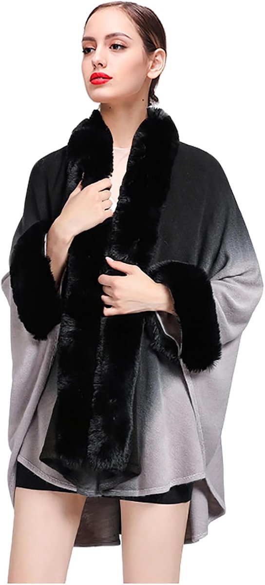 Poncho, gebreide cape voor dames, gebreide jas, cardigan met kraag van imitatiebont, stola, voor herfst, winter, warm, gebreid, poncho's, sjaals