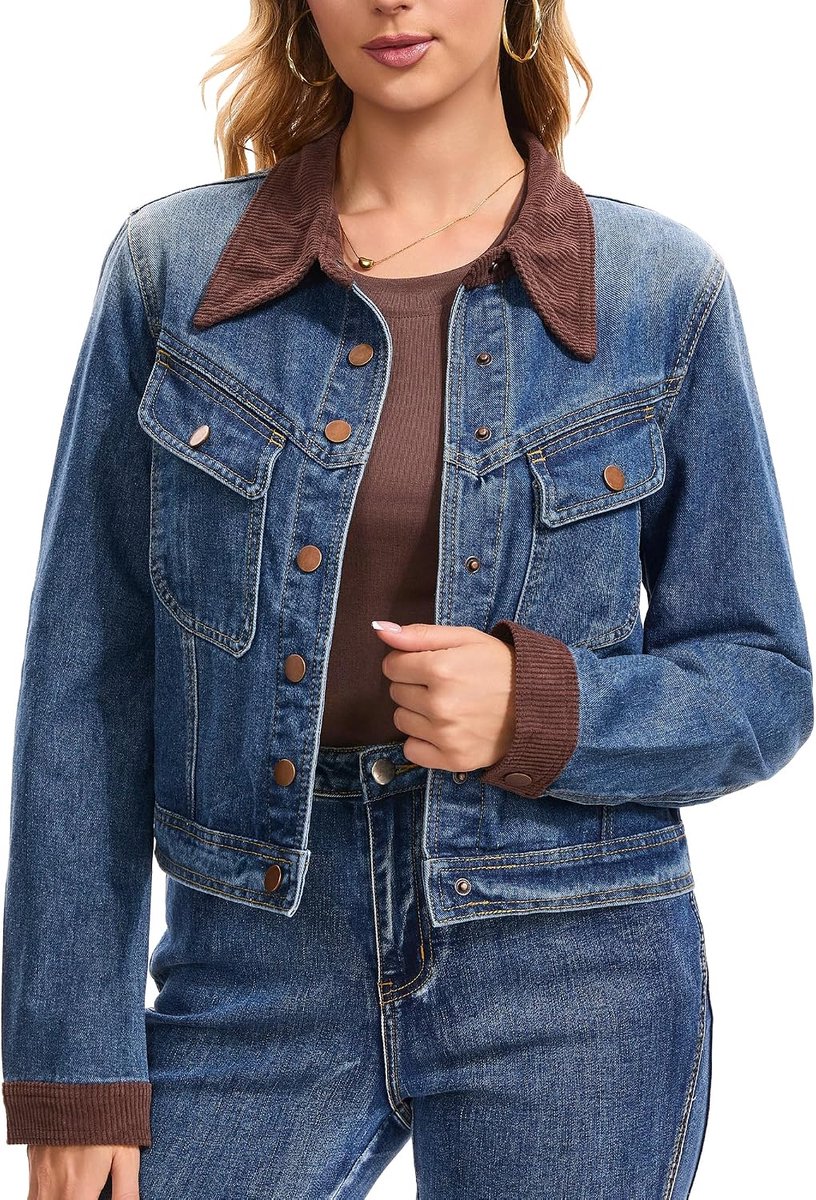 Jeansjas voor dames, modieus, knoopsluiting, corduroy kraag, boerenstijl.