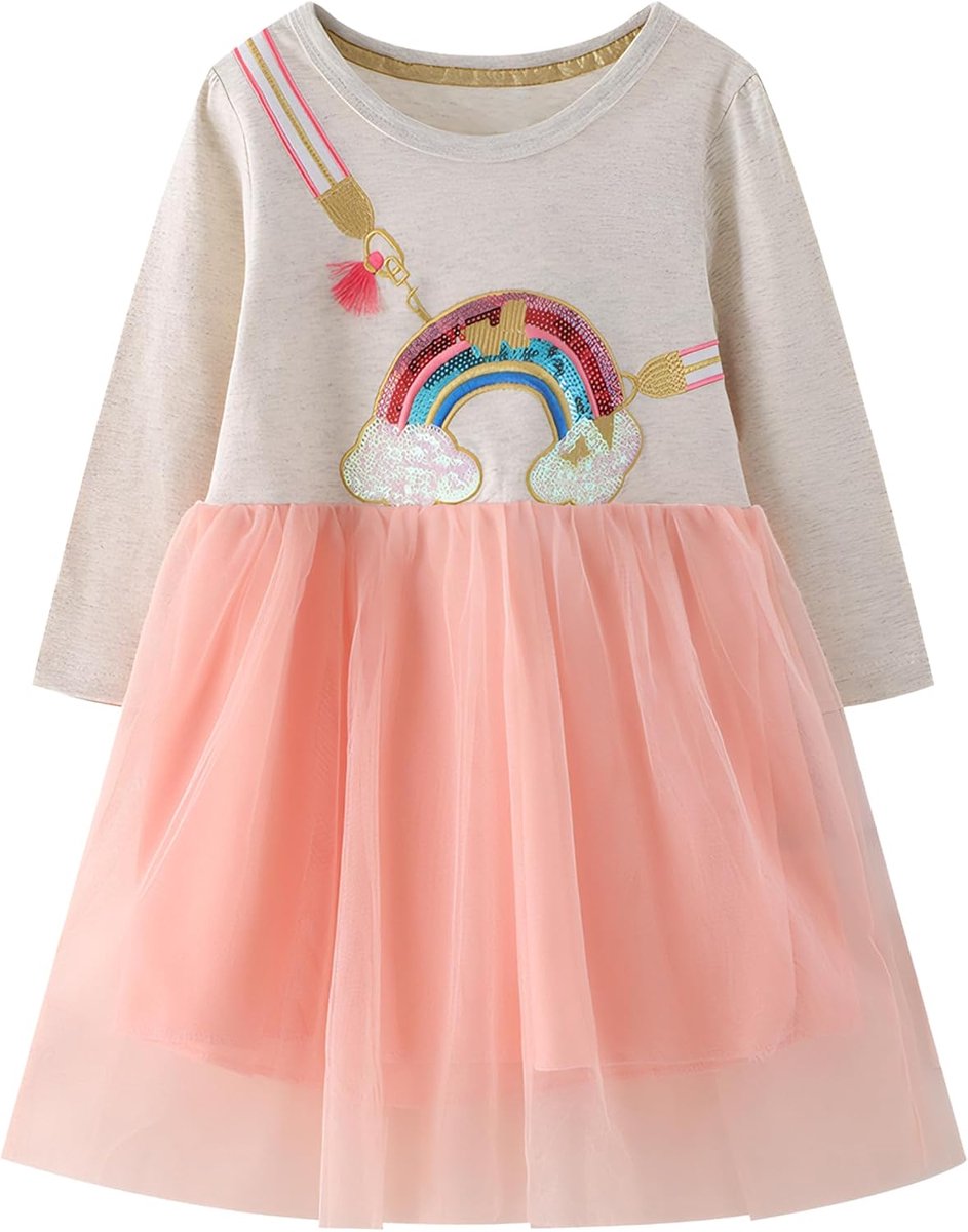 Meisjes Lange/Korte Mouwen Katoen Tule Jurken Kinderen Tutu Glitter Borduurwerk Pailletten Appliqué Zomerjurk met Dieren Patroon Partij Fiesta Casual Prinsessenjurk voor 2-7 Jaar