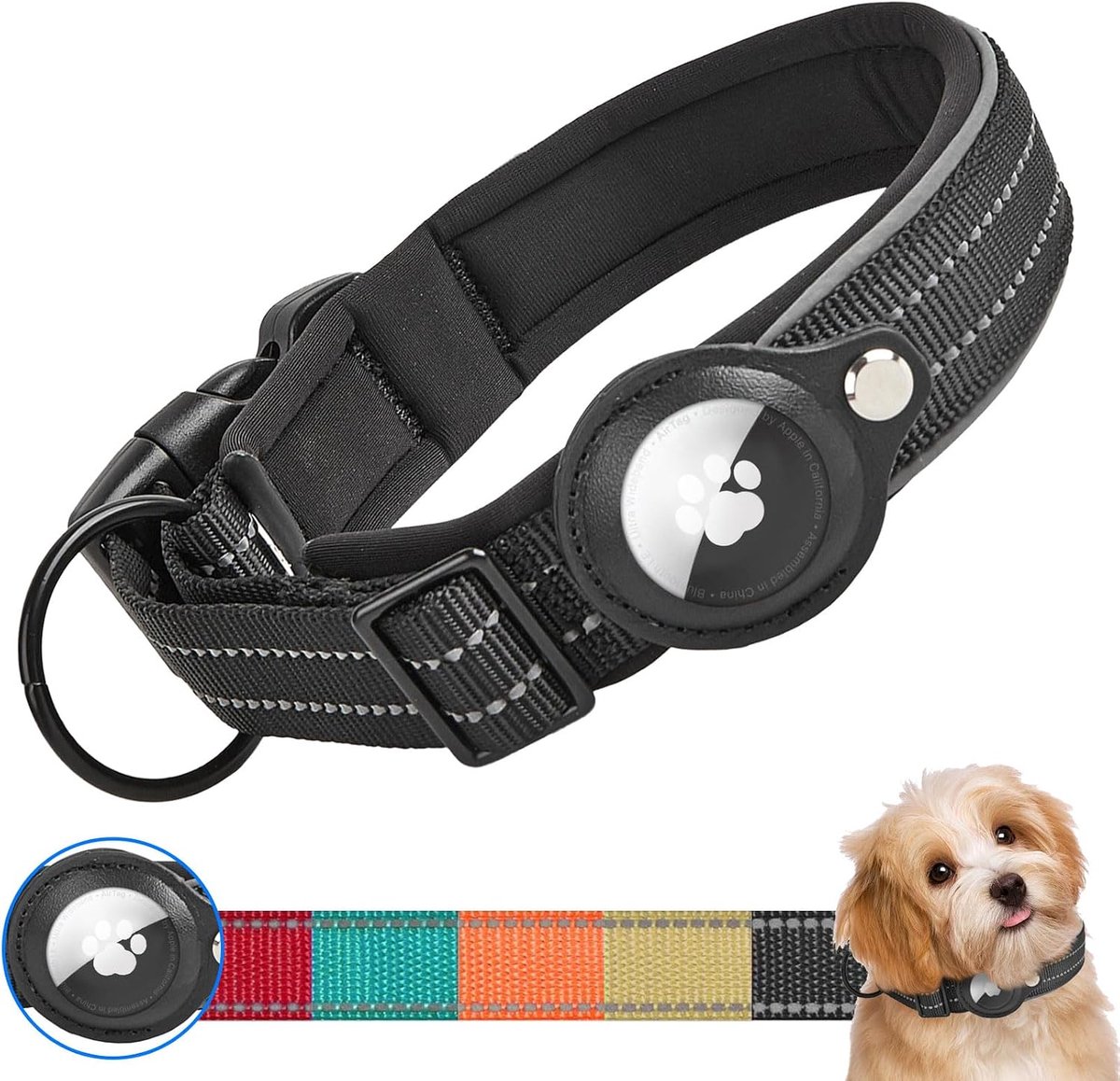 Hondenhalsband voor Apple AirTag, verstelbaar, reflecterend, waterdicht, AirTag-halsband, gewatteerd, tactische hondenhalsband met AirTag-houder voor kleine, middelgrote en grote honden (XL,