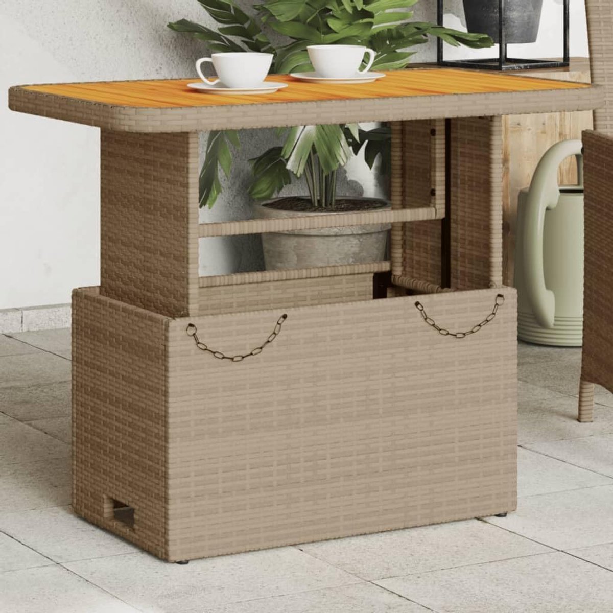 Tafel, eettafel, bar, tuin, in hoogte verstelbaar, van polyrotan, beige en acaciahout, 90 x 55 x 71 cm, tuintafel, outdoor, terras, tuintafel, rechthoekige tafel