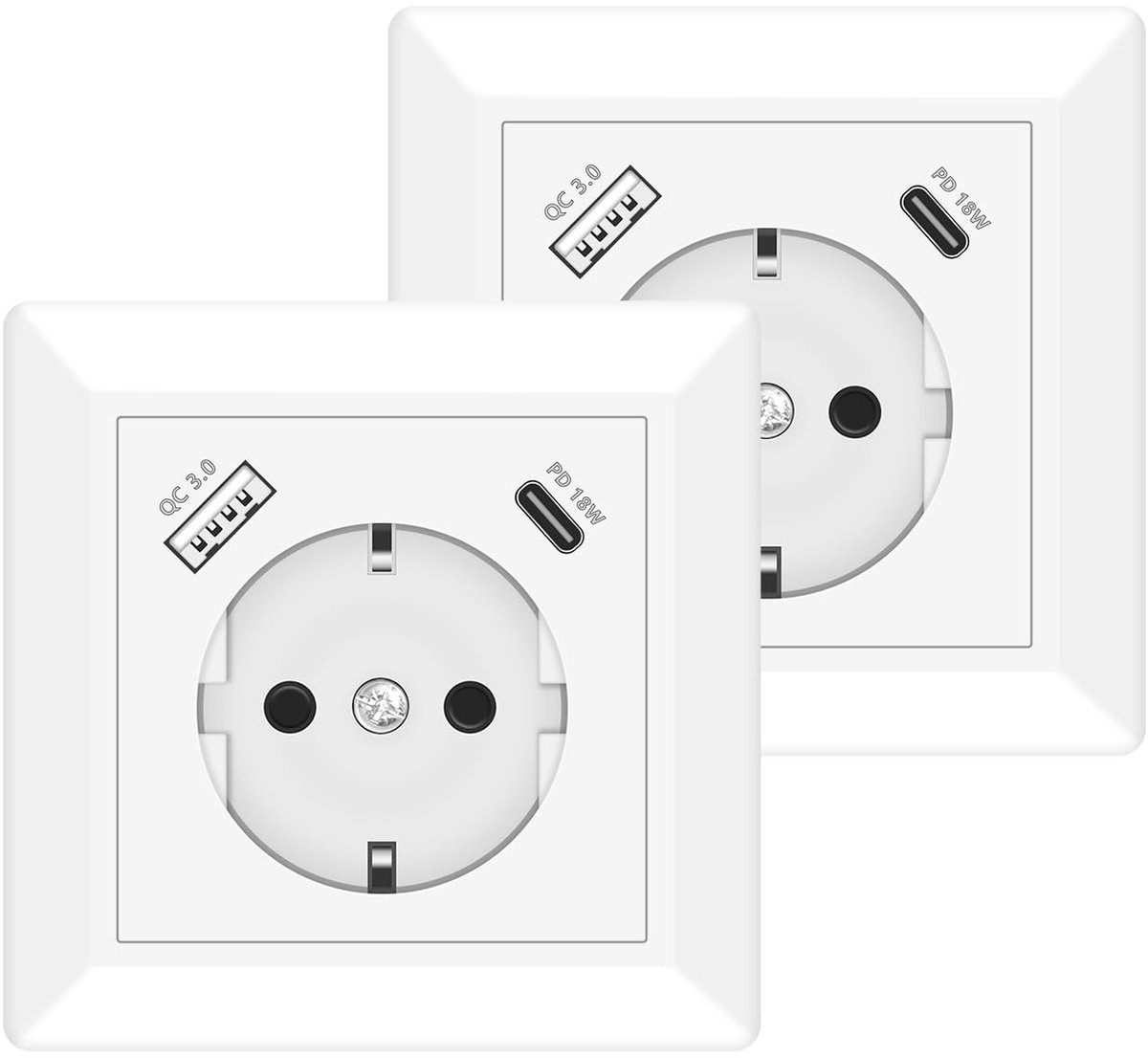 C Stopcontac PD 18W - Set van 2 - Schuko Stopcontact met USB en C QC 3.0 Inbouwstopcontact USB-aansluiting en Type-C Poort Inbouw Wandcontactdoos voor Smartphone MP3, Wit