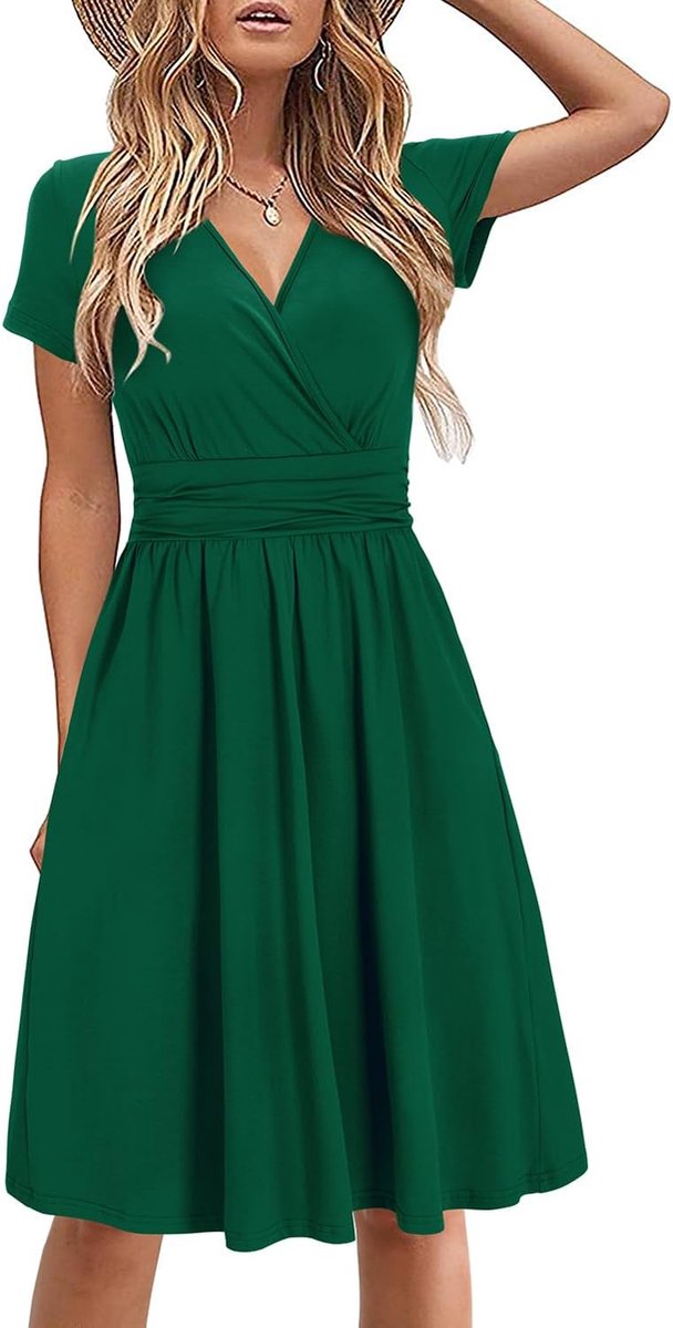 STYLEWORD Zomerjurk voor Dames Korte Mouwen V-hals Jurk met Bloemenmotief Strandjurk met Zakken