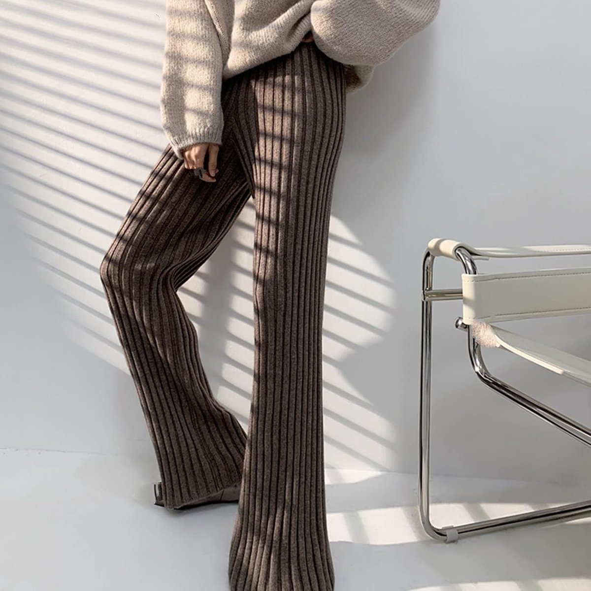 Broeken - Dames Dikke Gebreide Broeken Herfst Winter Modieus Warm Gestreept Gebreid Bruin Hoge Taille Losse Wijde Pijpen Broeken Dames Street Chic Elegant Kerstmis Nieuwjaar Gesc