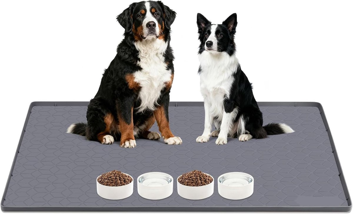 Hondenvoer Mat 86 x 55 cm, Grote Siliconen Mat met Verhoogde Rand, Antislip en Makkelijk Schoon te Maken voor Eten en Drinkbakken, Vloerbescherming in Grijs