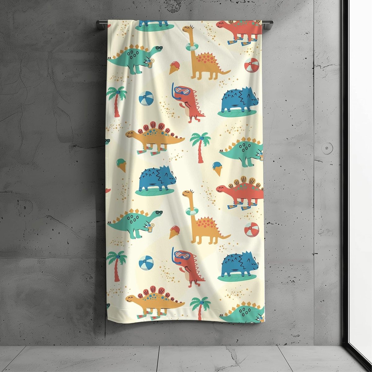 Strandlaken voor kinderen, 70 x 140 cm, zachte en absorberende badhanddoek met dino-motief, mix van katoen en polyester, sneldrogend