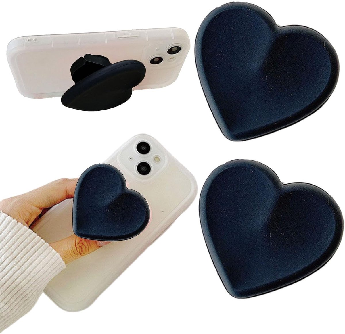 Set van 2 inklapbare hartvormige telefoonhouders, 360 graden draaibaar, geschikt voor een groot aantal mobiele telefoons/telefoonhoesjes (hartvormige handgreep, horizontaal/verticaal gebruik) (zwart)