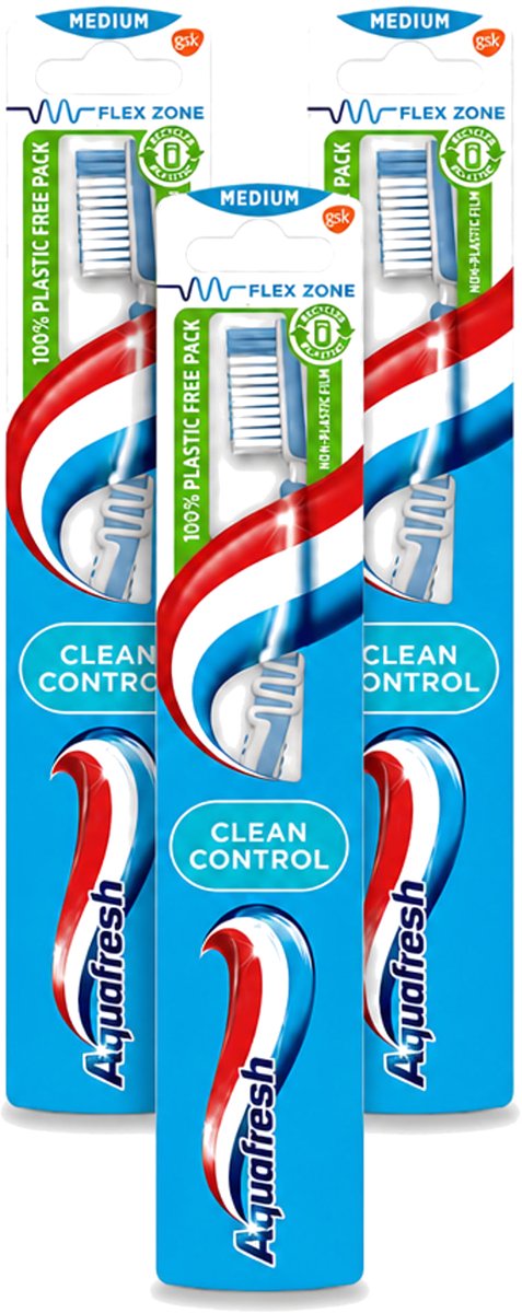 3 x Aquafresh - Tandenborstel - Clean Control - Medium - Grondige Reiniging - 1 Tandenborstel - Bulkverpakking - 3 stuks
