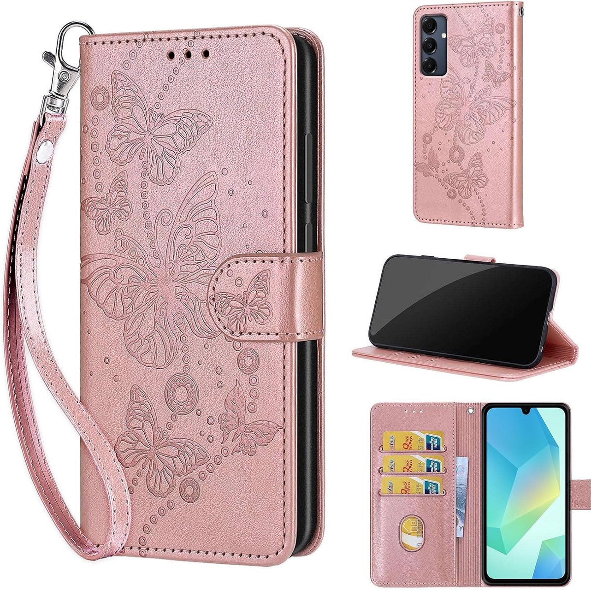Hoes voor Samsung Galaxy A16 4G/5G, leren hoes, inklapbaar, flip wallet, premium PU-leren telefoonhoes met kaartenvak en standfunctie, vlinderreliëf, klaphoes, stootvast, beschermhoes, case, roze