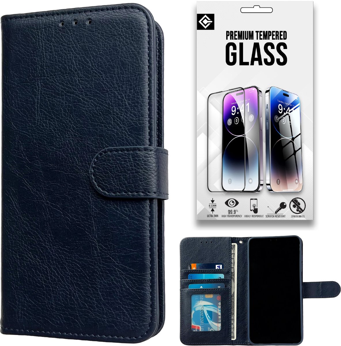 Casemania Hoesje en Glas Geschikt voor Apple iPhone 18 Pro - Donker Blauw - Luxe Portemonnee Book Case met Pasjeshouder - Wallet Case Telefoonhoesje - 1x Tempered Glazen Screenprotector