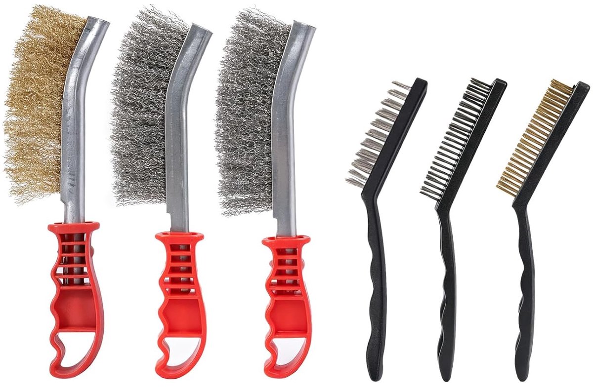 6-delige set metalen borstels, handborstels van roestvrij staal, messing en nylon, voor reiniging, roestverwijdering, lak, lasmodder, metaal en hout