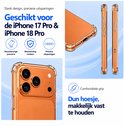Transparant siliconen hoesje voor iPhone 17 Pro & 18 Pro. Details van de zijkanten en de camera bump. 'Geschikt voor de iPhone 17 Pro & iPhone 18 Pro'.