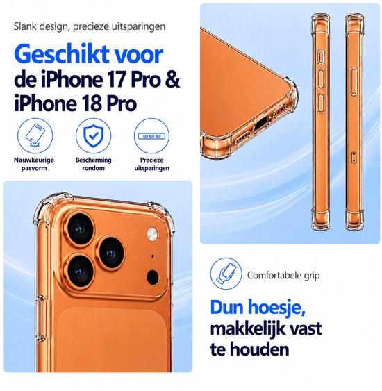 Transparant siliconen hoesje voor iPhone 17 Pro & 18 Pro. Details van de zijkanten en de camera bump. 'Geschikt voor de iPhone 17 Pro & iPhone 18 Pro'.