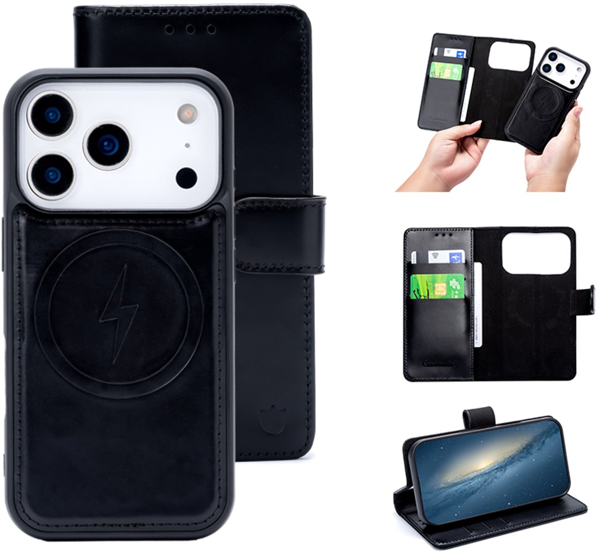 Casemania Echt Leren Hoesje Geschikt voor Apple iPhone 18 Pro - Charcoal Gray - Geschikt voor MagSafe - Leer 2 in 1 Magnetisch Afneembare Book Case - Portemonnee Telefoonhoesje met Pasjeshouder
