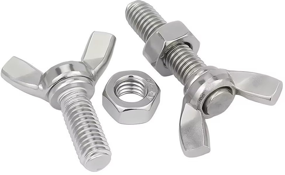 x 55 mm vleugelschroeven van roestvrij staal, set met vlinderschroeven en zeskantmoeren (2 stuks)