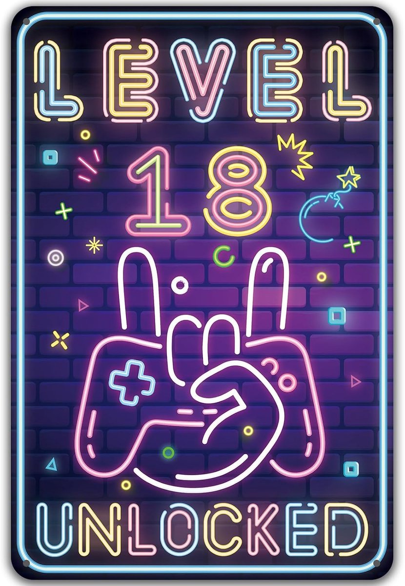 bord voor de 18e verjaardag van jongens, niveau 18 UNLOCKED, 18 jaar verjaardagsdecoratie, grappig verjaardagsbord 18, gamer-verjaardagskaart 18, metalen bord, cadeau, gamer-verjaardagscadeau