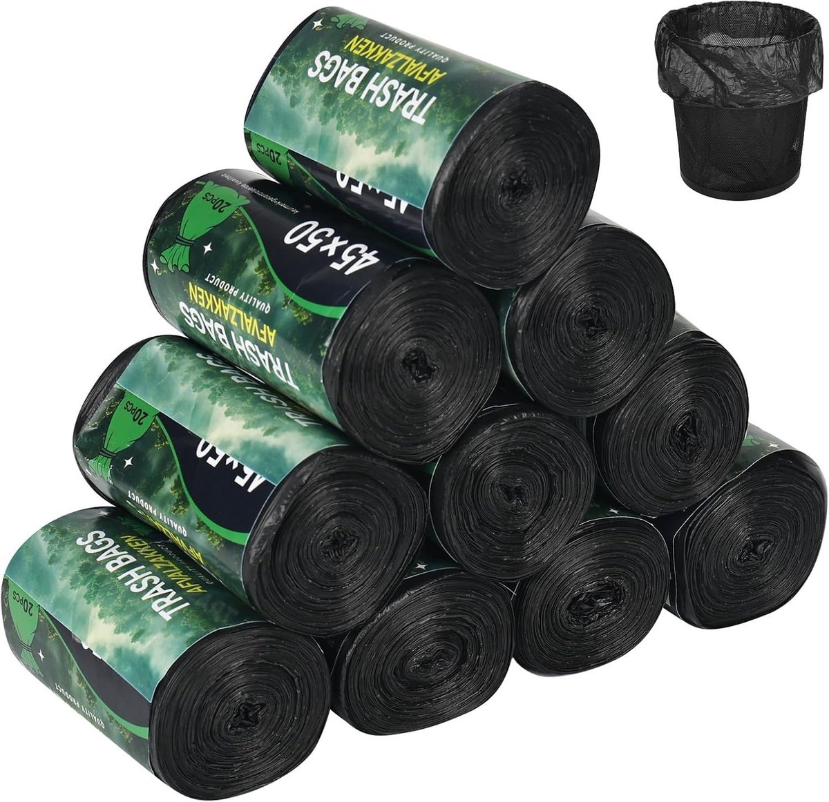 200 Stuks 6.5L Afvalzakken voor Kleine Prullenbakken - Ideaal voor Badkamer, Keuken en Kantoor, 45 x 50 cm (Zwart, 10 Rollen)
